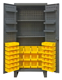 Durham HDC36-60-2S6D95 Extra Heavy Duty Cabinet, lockable with 2 adjustable and 6 door shelves, 60 yellow Hook-On-Bins, recessed door style, gray