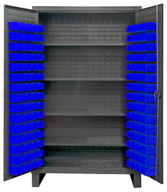 Durham HDC48-120-4S5295 Extra Heavy Duty Cabinet, lockable with 1 fixed shelf and 4 adjustable shelves, 120 blue Hook-On-Bins, recessed door style, gray