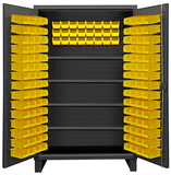 Durham HDC48-144-4S95 Extra Heavy Duty Cabinet, lockable with 1 fixed shelf and 4 adjustable shelves, 144 yellow Hook-On-Bins, recessed door style, gray