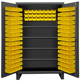 Durham HDC48-144-4S95 Extra Heavy Duty Cabinet, lockable with 1 fixed shelf and 4 adjustable shelves, 144 yellow Hook-On-Bins, recessed door style, gray