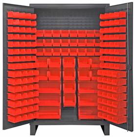 Durham HDC48-162-1795 Extra Heavy Duty Cabinet, lockable with 162 red Hook-On-Bins, recessed door style, gray