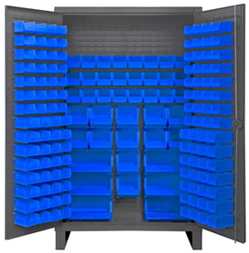 Durham HDC48-162-5295 Extra Heavy Duty Cabinet, lockable with 162 blue Hook-On-Bins, recessed door style, gray
