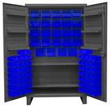 Durham HDC48-84-2S6D5295 Extra Heavy Duty Cabinet, lockable with 1 fixed shelf, 2 adjustable shelves and 6 door shelves, 84 blue Hook-On-Bins, recessed door style, gray