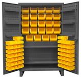 Durham HDC48-84-2S6D95 Extra Heavy Duty Cabinet, lockable with 1 fixed shelf, 2 adjustable and 6 door shelves, 84 yellow Hook-On-Bins, recessed door style, gray