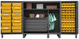 Durham HDC60-72DC18TB5B95 Extra Heavy Duty Cabinet, lockable with 1 fixed shelf, 1 slide shelf, 72 regular yellow bins and 18 Tilt-Bins, 4 drawers, deep door style, gray