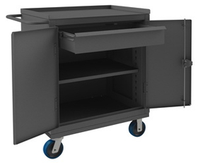 Durham HDCM243647-1T95 Heavy Duty Mobile Bench Cabinet with 6" x 2" Polyurethane casters, (2) rigid and (2) swivel, 1 shelf, 1 drawer, 2 doors and tubular push handle, gray