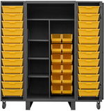 Durham HDJ36-12DC24TB4S95 Extra Heavy Duty Cabinet, lockable, 1 fixed top and bottom shelf with 3 adjustable side shelves, 12 regular yellow bins and 24 Tilt-Bins, deep door style, gray