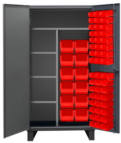 Durham HDJC243678-60-4S1795 Extra Heavy Duty Maintenance Cabinet, lockable with 1 fixed top and bottom shelf, 3 adjustable side shelves and 60 red bins, recessed door style, gray
