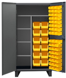 Durham HDJC243678-60-4S95 Extra Heavy Duty Maintenance Cabinet, lockable with 1 fixed top and bottom shelf, 3 adjustable side shelves and 60 yellow bins, recessed door style, gray