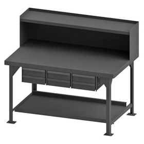 Durham HDWB3660RS6DR95 Heavy Duty Workbench with steel top surface and riser, 6 drawers and bottom shelf has back stop, gray