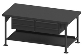 Durham HDWB36724DR95 Heavy Duty Workbench with steel top surface, 1 bottom shelf with backstop and 4 drawers, gray
