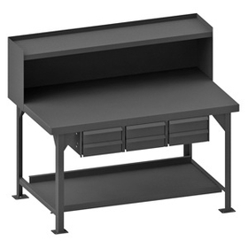 Durham HDWB3672RS6DR95 Heavy Duty Workbench with steel top surface and riser, 6 drawers and bottom shelf has back stop, gray