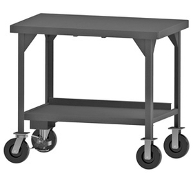 Durham HDWBMFL-3036-8PH-95 Heavy Duty Mobile Workbench with 8" Phenolic bolt-on casters, (2) rigid and (2) swivel, 2 shelves and bottom shelf has backstop with floor lock, gray