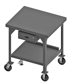 Durham HDWBMFL-3048-6PH-177-95 Heavy Duty Mobile Workbench with 6" x 2" Phenolic bolt-on casters, (2) rigid and (2) swivel, bottom shelf has back stop with drawer included and floor lock, gray
