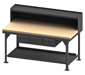 Durham HDWBMT3672RS6DR95 Heavy Duty Workbench with maple top surface and riser, 6 drawers and bottom shelf has back stop, gray
