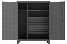 Durham HDWCP246078-7M95 Heavy Duty Cabinet with 3 shelves, 7 drawers, pad-lockable doors with pegboard panels, 3 point locking system, wardrobe with hanging bar and 6" full depth legs, gray