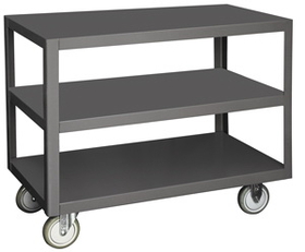Durham HMT-1836-3-95 High Deck Portable Table with 5" x 1-1/4" Polyurethane bolt-on casters, (2) rigid and (2) swivel with side brakes, 3 shelves, steel top work surface with all lips down, gray
