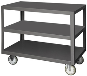 Durham HMT-2436-3-95 High Deck Portable Table with 5" x 1-1/4" Polyurethane bolt-on casters, (2) rigid and (2) swivel with side brakes, 3 shelves, steel top work surface with all lips down, gray