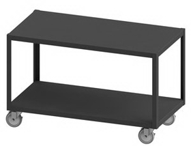 Durham HMT12G18325PU295 High Deck Portable Table with 5" Polyurethane bolt-on casters, (2) rigid and (2) swivel with side brakes, 2 shelves, steel top work surface with all lips down, gray