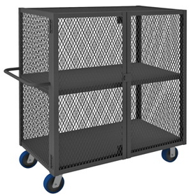 Durham HTL-2448-DD-2-6PU-95 Security Mesh Truck with 6" x 2" Polyurethane casters, (2) rigid and (2) swivel, 2 Shelves, tubular push handle and pad lockable doors