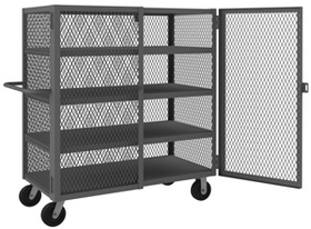 Durham HTL-2448-DD-4-95 Security Mesh Truck with 6" x 2" Phenolic casters, (2) rigid and (2) swivel, 4 shelves, tubular push handle and pad lockable doors