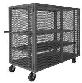 Durham HTL-2460-DD-2AS-95 Security Mesh Truck with 6" x 2" Phenolic casters, (2) rigid and (2) swivel, 3 shelves, tubular push handle and pad lockable doors, gray