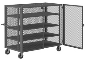 Durham HTL-3048-DD-3AS-95 Security Mesh Truck with 6" x 2" Phenolic casters, (2) rigid and (2) swivel, 4 shelves, tubular push handle and pad lockable doors