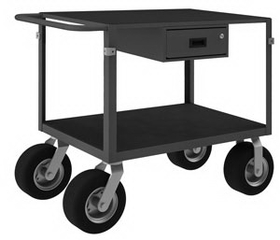 Durham IC24361DR10SPN95 Instrument Cart with 10" x 2-3/4" Pneumatic casters, (2)rigid and (2)swivel, 2 shelves with non-slip black vinyl matting and wood panel underneath, 1 drawer, 4 bumper corners
