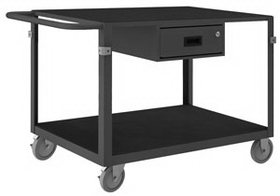 Durham IC24361DR5PU95 Instrument Cart with (4) 5" x 1-1/4" swivel Polyurethane casters and side brakes, 2 shelves with non-slip black vinyl matting with wood panel underneath, 1 drawer