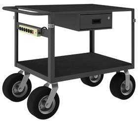 Durham IC24361DRPS10PN95 Instrument Cart with 10" x 3" Pneumatic casters, (2) rigid and (2) swivel, 2 shelves with non-slip black vinyl matting- wood panel underneath, 1 drawer, 4 bumper corners