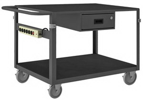 Durham IC24361DRPS4SW5PU95 Instrument Cart with (4) swivel 5" x 1-1/4" Polyurethane casters with side brakes, 2 shelves, non-slip black vinyl matting-wood panel underneath, 1 drawer