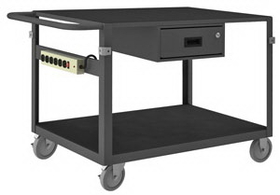 Durham IC24361DRPS5PU95 Instrument Cart with 5" x 1-1/4" Polyurethane casters, (2) rigid and (2) swivel, side brakes, 2 shelves with non-slip black vinyl matting- wood panel underneath, 1 drawer