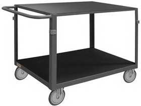 Durham IC24365PU95 Instrument Cart with (4) 5" x 1-1/4" swivel Polyurethane casters with side brakes, 2 shelves with non-slip black vinyl matting-wood panel underneath, 4 bumper corners