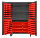 Durham JC-137-3S-1795 Heavy Duty Cabinet, lockable with 3 adjustable shelves, 137 red Hook-On-Bins, deep door style, gray