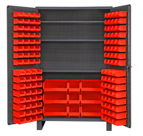 Durham JC-137-3S-1795 Heavy Duty Cabinet, lockable with 3 adjustable shelves, 137 red Hook-On-Bins, deep door style, gray