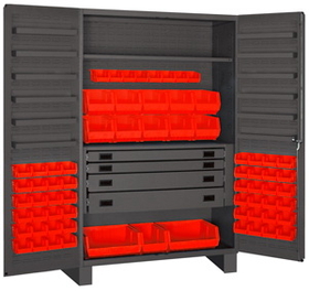 Durham JCBDLP694RDR-1795 Heavy Duty Cabinet, lockable with 1 adjustable shelf and 12 door shelves, 69 red Hook-On-Bins, 4 drawers, flush door style, gray