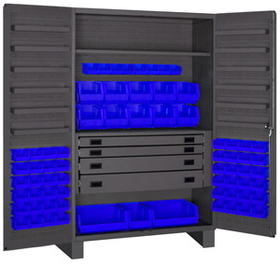 Durham JCBDLP694RDR-5295 Heavy Duty Cabinet, lockable with 1 adjustable shelf and 12 door shelves, 69 blue Hook-On-Bins, 4 drawers, flush door style, gray