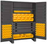Durham JCBDLP694RDR-95 Heavy Duty Cabinet, lockable with 1 adjustable shelf and 12 door shelves, 69 yellow Hook-On-Bins, 4 drawers, flush door style, gray