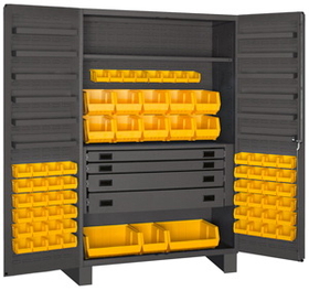 Durham JCBDLP694RDR-95 Heavy Duty Cabinet, lockable with 1 adjustable shelf and 12 door shelves, 69 yellow Hook-On-Bins, 4 drawers, flush door style, gray