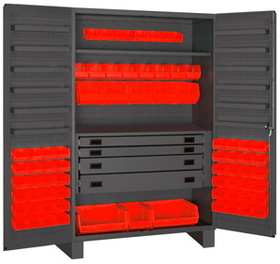 Durham JCBDLP724RDR-1795 Heavy Duty Cabinet, lockable with 1 adjustable shelf and 12 door shelves, 72 red Hook-On-Bins, 4 drawers, flush door style, gray