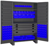 Durham JCBDLP724RDR-5295 Heavy Duty Cabinet, lockable with 1 adjustable shelf and 12 door shelves, 72 blue Hook-On-Bins, 4 drawers, flush door style, gray