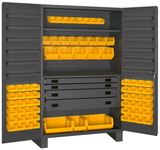 Durham JCBDLP724RDR-95 Heavy Duty Cabinet, lockable with 1 adjustable shelf and 12 door shelves, 72 yellow Hook-On-Bins, 4 drawers, flush door style, gray