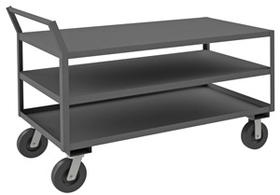 Durham LDO-306041-3-8PH-95 Low Deck Service Truck with 8" x 2" Phenolic casters, (2) rigid and (2) swivel with side brakes, 3 shelves, 1-1/2" lips up on middle and bottom shelves