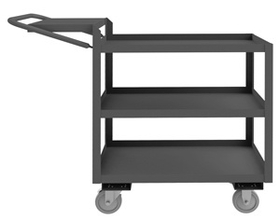 Durham OPCFS-1832-3-95 Order Picking Cart with 5" x 1-1/4" Polyurethane casters, (2) rigid and (2) swivel with side brakes, 3 shelves, flat writing shelf, all 1-1/2" lips up and tubular push handle