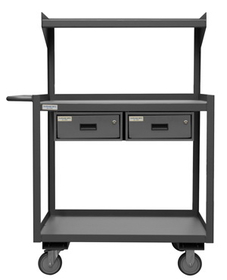 Durham PSD-2436-3-2D-95 Portable Shop Desk with 5" x 1-1/4" Polyurethane casters (2) rigid and (2) swivel with side brakes, 3 shelves, 2 lockable drawers, 1-1/2" lips up on top shelf 3 sides