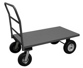 Durham PT304810/12PN95 Platform Truck, with (2) 12" rigid and (2) 10" swivel Pneumatic casters, lips down with removable, offset push handle, gray