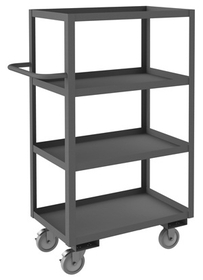 Durham RSC-1830-4-95 Rolling Service Cart with 5" x 1-1/4" Polyurethane casters, (2) rigid and (2) swivel with side brakes, 4 shelves, all 1-1/2" lips up and a tubular push handle, gray