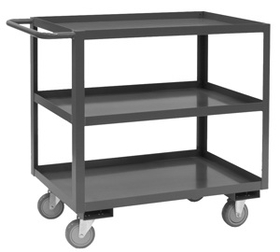 Durham RSC-1832-3-95 Rolling Service Cart with 5" x 1-1/4" Polyurethane casters, (2) rigid and (2) swivel with side brakes, 3 shelves, 1-1/2" lips up on all shelves and tubular handle
