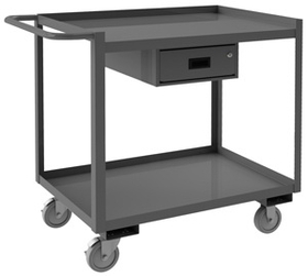 Durham RSC-2436-2-1DR-95 Rolling Service Cart, 5" x 1-1/4" Polyurethane Casters, (2) rigid, (2) swivel with side breaks, with 1 drawer and 2 shelves, 1-1/2" lips up on both shelves