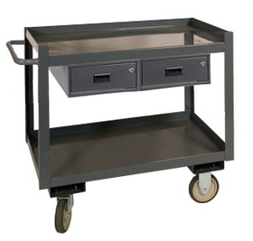 Durham RSC-2436-2-2DR-95 Mobile workstation with 5" x 1-1/4" Polyurethane casters, (2) rigid, (2) swivel with side brakes, 2 shelves, 2 drawers, 1-1/2" lips up on both shelves